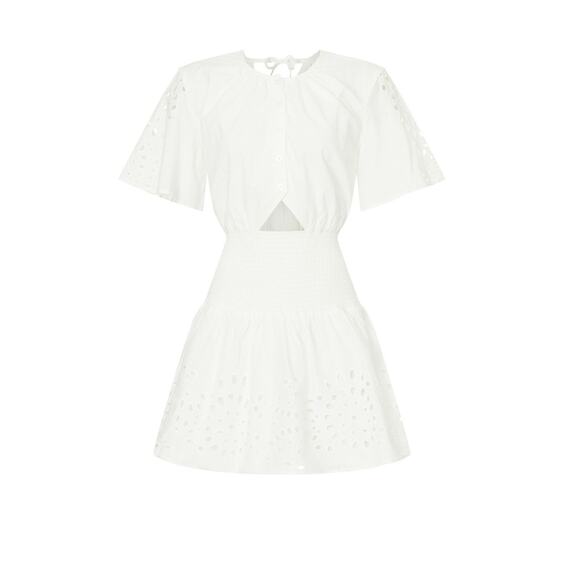 Thakoon White Eyelet Smocked Short Sleeve Cut Out Summer Mini Dress Size 0 - Picture 5 of 15